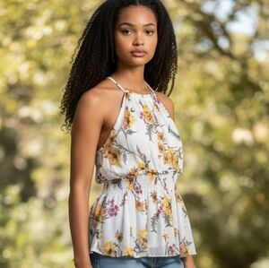 Express Floral Halter Peplum Top Women’s Size L White Sunflower Smocked Waist